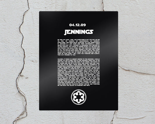 Personalized Metal Print, Imperial Faction, Tin Anniversary Idea, Printed Vows, Metal Sign for man cave, Custom Metal , His & Hers