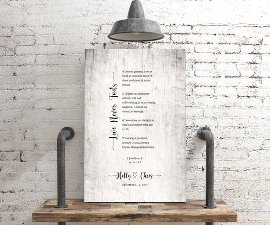 Love Never Fails Personalized 5th Anniversary Gift Decor - HoneycombProverbs - Signs - Vintage Lyrics Wall Art