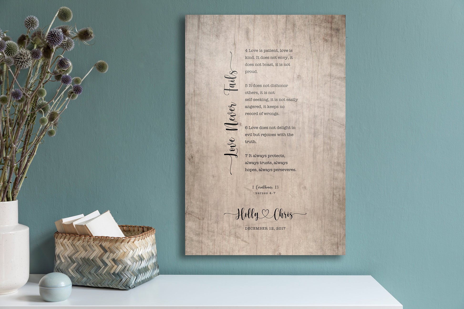 Our Love Never Fails Wood Anniversary Keepsake - HoneycombProverbs - Signs - Christian Wall Art