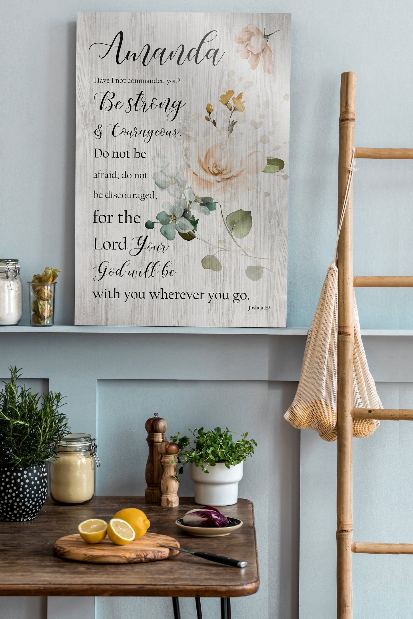 Joshua 1:9 Personalized Floral Wood Decor - HoneycombProverbs - Signs - Christian Wall Art