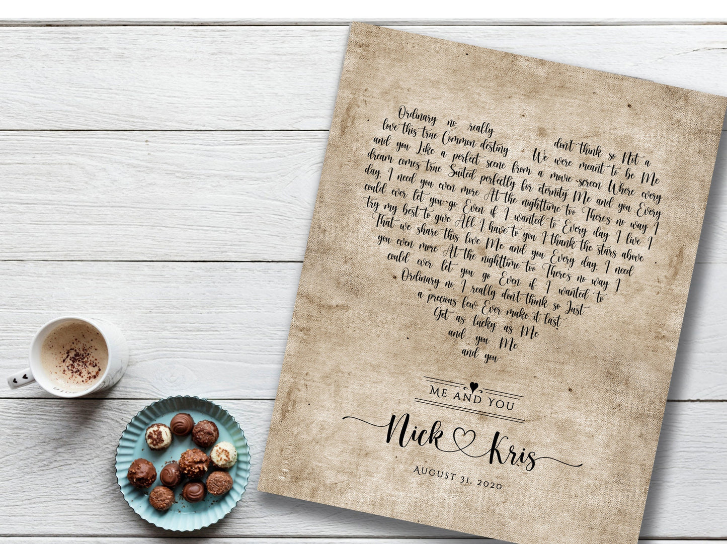 Vintage Heart Personalized Lyric Canvas in Cotton - HoneycombProverbs - Gifts For The Couple - Rustic Lyrics Wall Decor