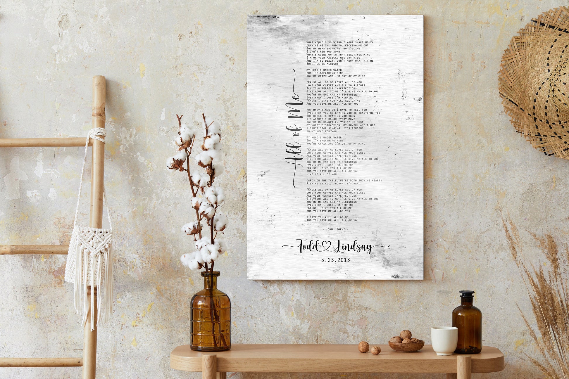 Rustic Lyric Sign on Tin with Heart Names - HoneycombProverbs - Signs - Tin Anniversary Gifts