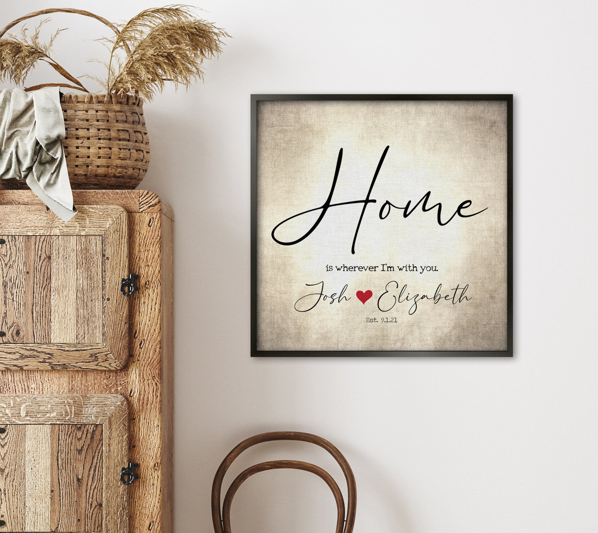 Couples' Personalized, "Home is wherever I'm with you" Framed Wall Decor - HoneycombProverbs - Giclée - 2nd Year Cotton Art