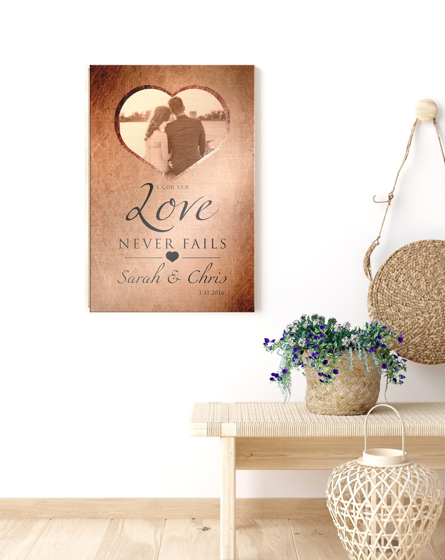 Love Never Fails Photo Sign, Personalized Anniversary plaque - HoneycombProverbs - Gifts For The Couple - Copper Anniversary Gifts