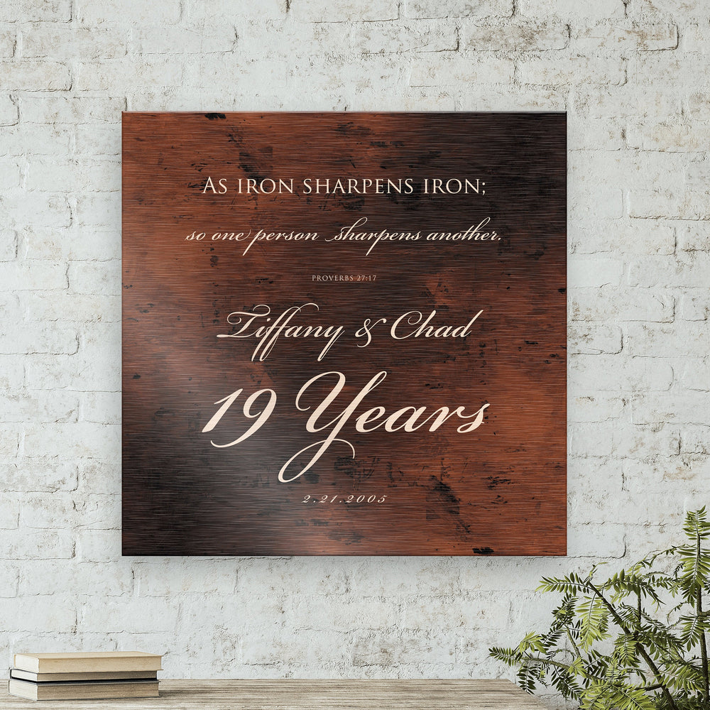 19th Anniversary Gift, Bronze Anniversary, Proverbs 27:17 sign, 19 year of marriage, Gift for husband, Personalize Christian Gift for couple