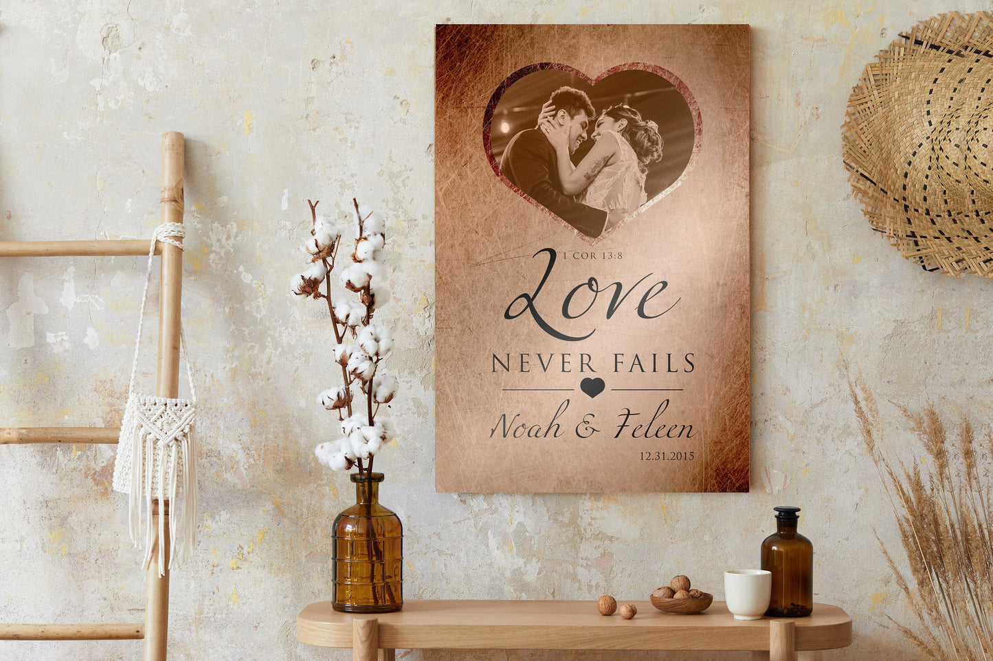 "Love Never Fails" Distressed Metal Portrait Art - HoneycombProverbs - Gifts For The Couple - Tin Anniversary Gifts