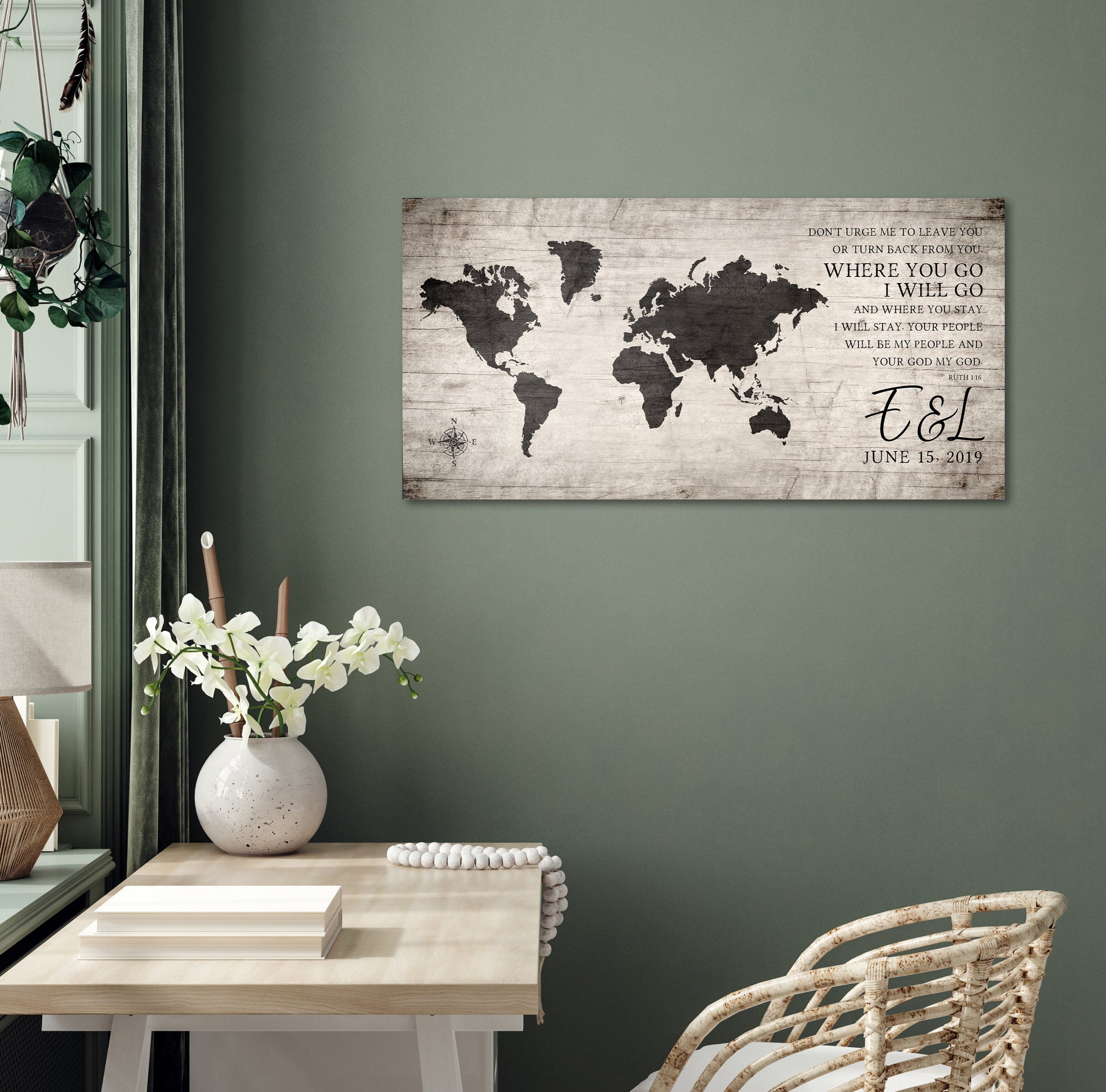 Where You Go, I Will Go: Personalized World Map Art - HoneycombProverbs - Signs - 5 year anniversary gifts