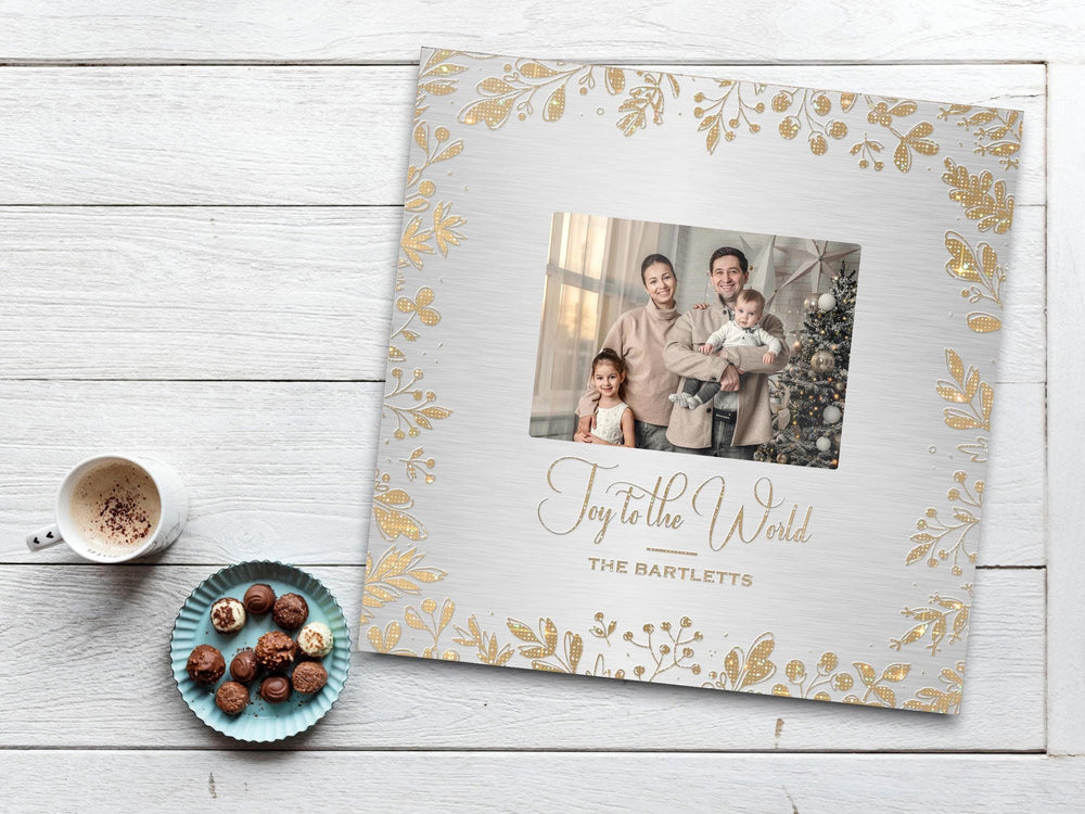 Joy to the world Christmas metallic photo plaque or sign, Golden holly accented metal photo print, themed wall decor, custom photo frame, Personalized Metallic frame decor, Christmas party gift for friend