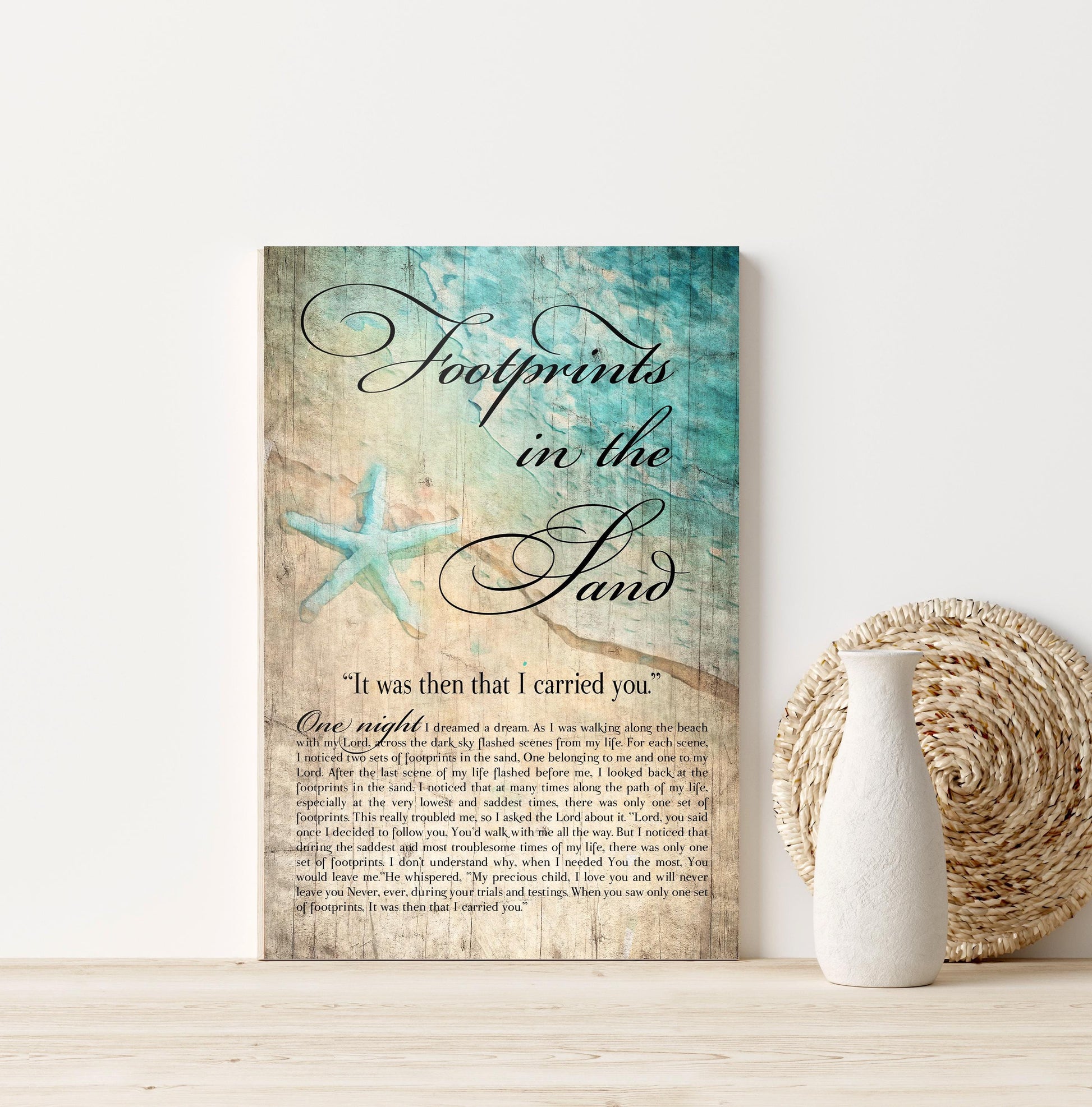 Footprints in the Sand, Watercolor Word art on Wood - HoneycombProverbs - Signs - Christian Wall Art