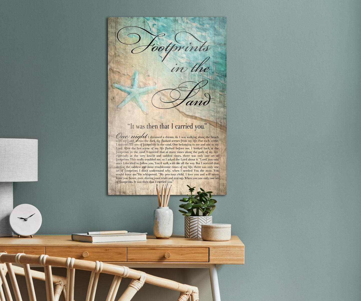 Footprints in the Sand, Watercolor Word art on Wood - HoneycombProverbs - Signs - Christian Wall Art