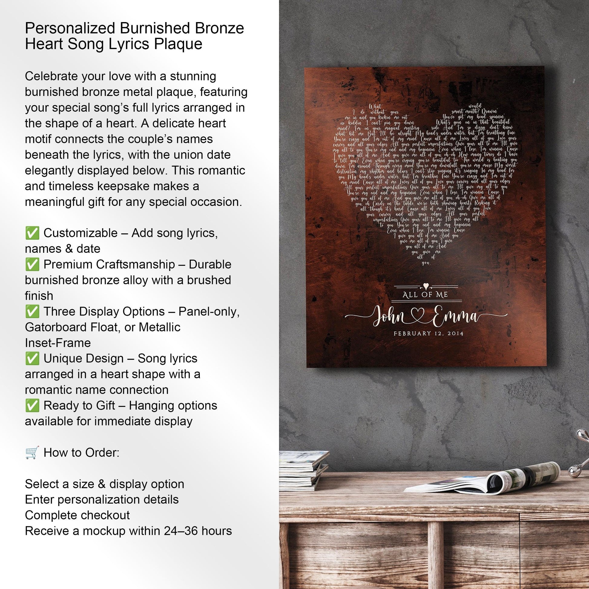 Heart Shaped Bronze Song Lyric Sign - HoneycombProverbs - Signs - Bronze Anniversary Gifts