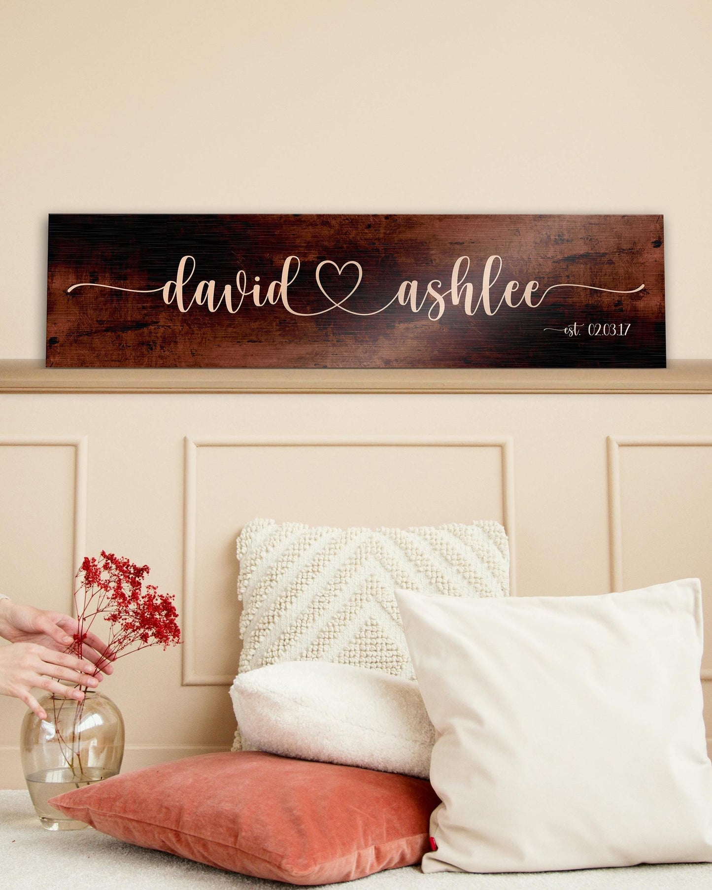 bronze anniversary gift for wife, name sign with heart between names in whimsical calligraphy