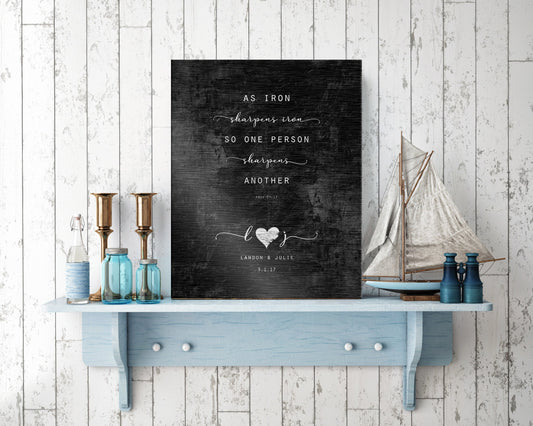 Proverbs 27:17 couples plaque for iron theme anniversary gift. Couples initials and names with a heart give it a personalized touch. Also includes a union date - all sitting artistically below the scripture, "As iron sharpens iron, so one person sharpens another"