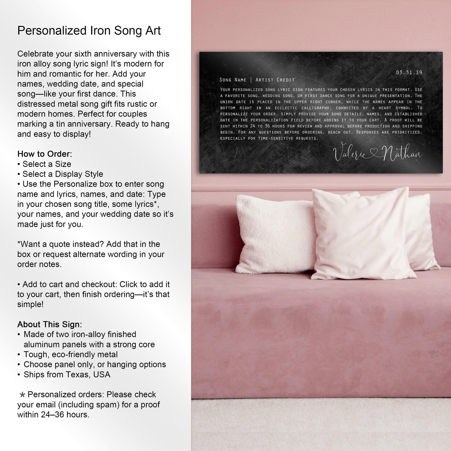 Connected Heart Wedding Song Lyric Sign on Iron - HoneycombProverbs - Signs - Iron Anniversary Gifts