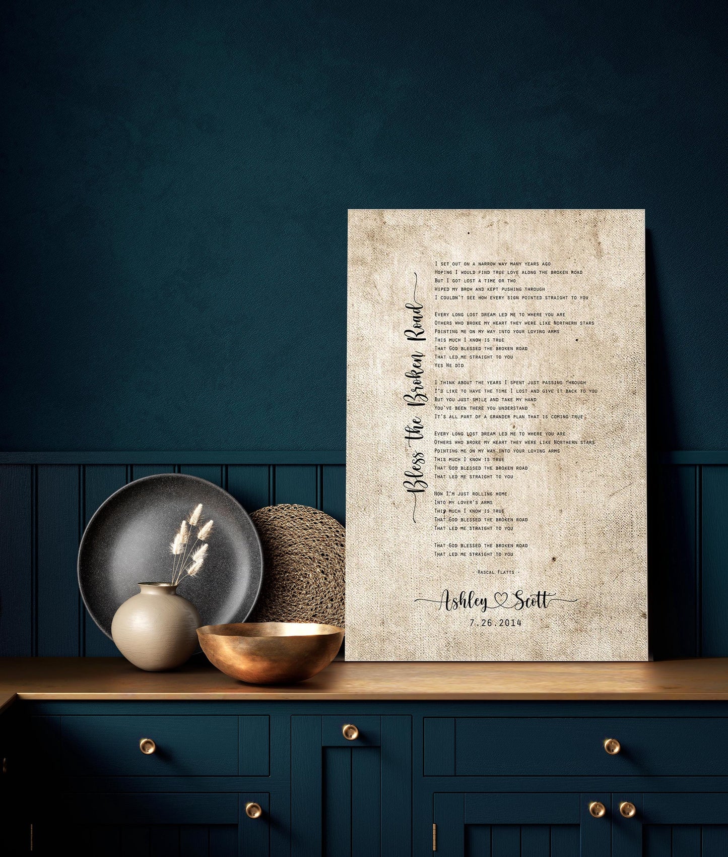 cotton anniversary wall art, personalized, canvas print, with names, rustic with heart.