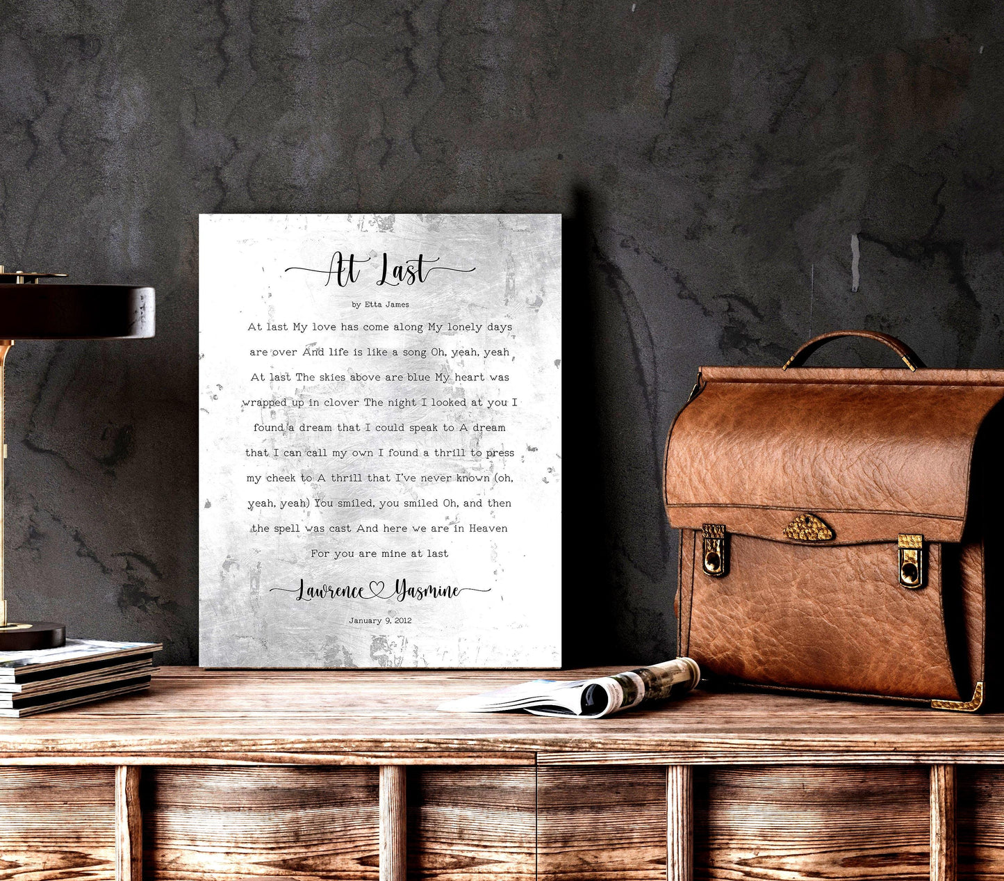 Custom Lyrics Art - vintage rustic song lyric metal sign featuring names connected by a heart and est date. Lyrics seated on a distressed metal in a silver tone with tarnishing.