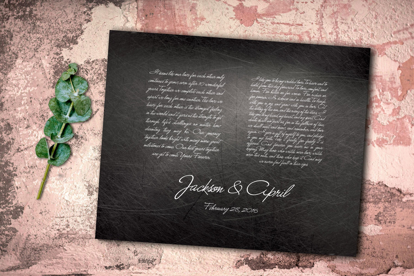 Distressed metal plaque with wedding vows.