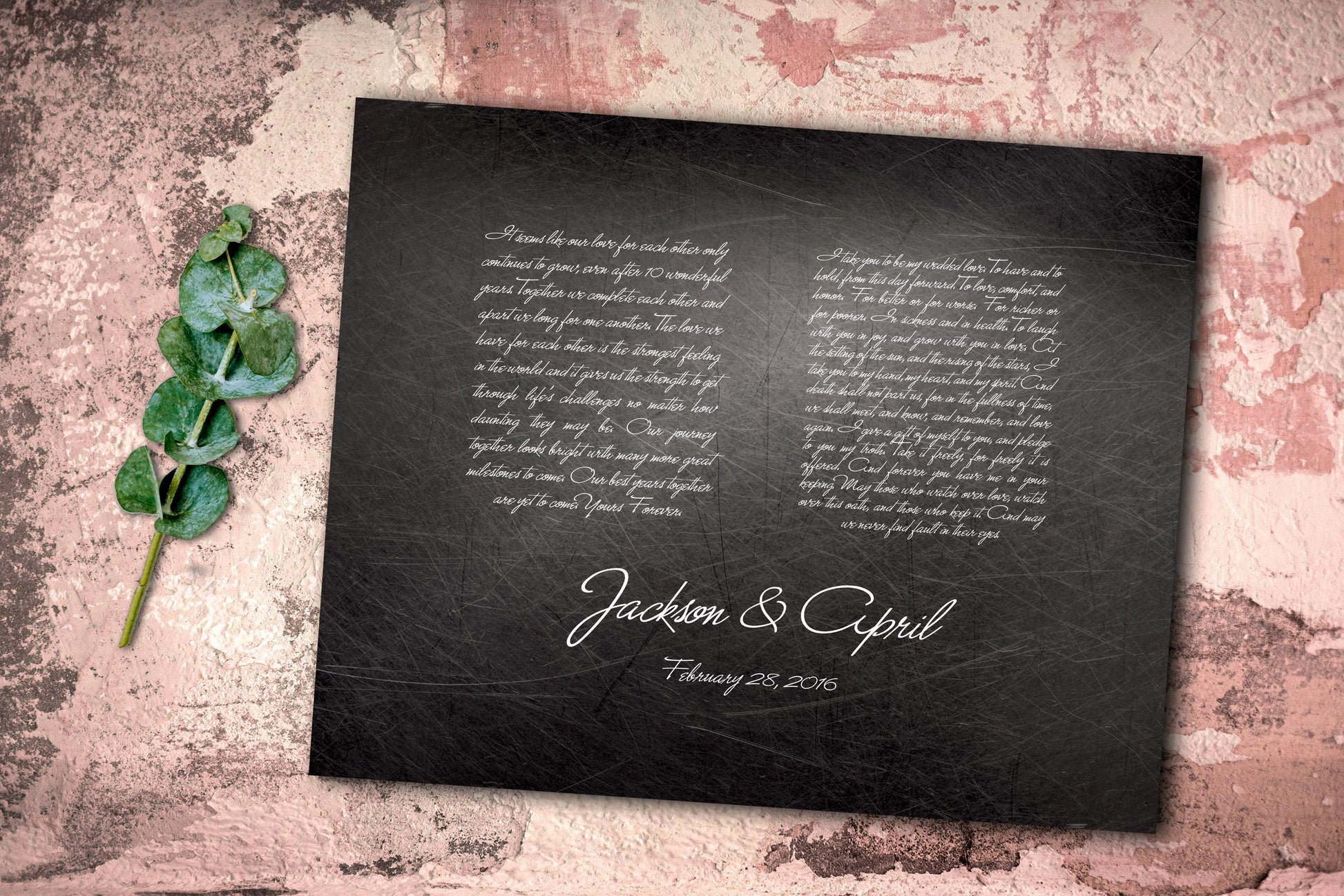 Distressed metal plaque with wedding vows.