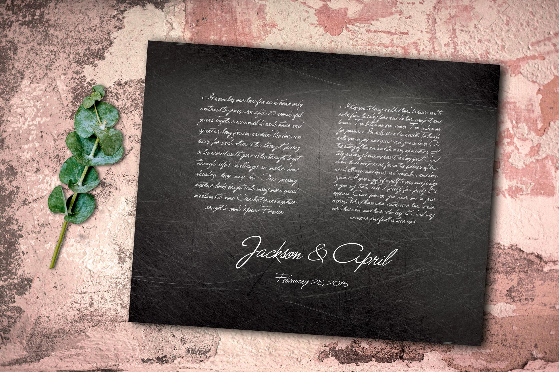 Distressed metal plaque with wedding vows.