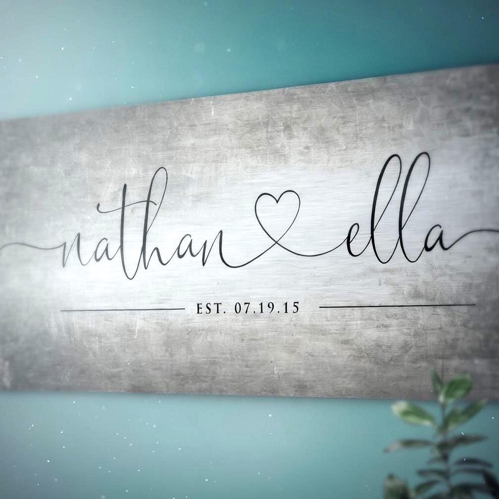 A closeup shot of tarnished name sign on tin for couples. Also features an established date beneath the names. The names are Nathan and Ella and are in a lower-case calligraphy, connected by a whimsical heart.

Photo courtesy of Honeycomb Proverbs