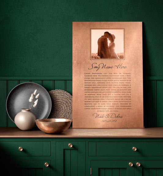One of Honeycomb Proverbs top requested portrait gifts, a copper plaque with custom portrait and song sits  beside a vase and copper bowl against a bold green backdrop. The portrait occupies the upper portion of the plaque, and the song title and song lyrics of choice sit below. A dedication at the bottom of names and date complete this personalized keepsake. This piece features a rustic casual calligraphy style inscription for the title and dedication.

Photo courtesy of Honeycomb Proverbs