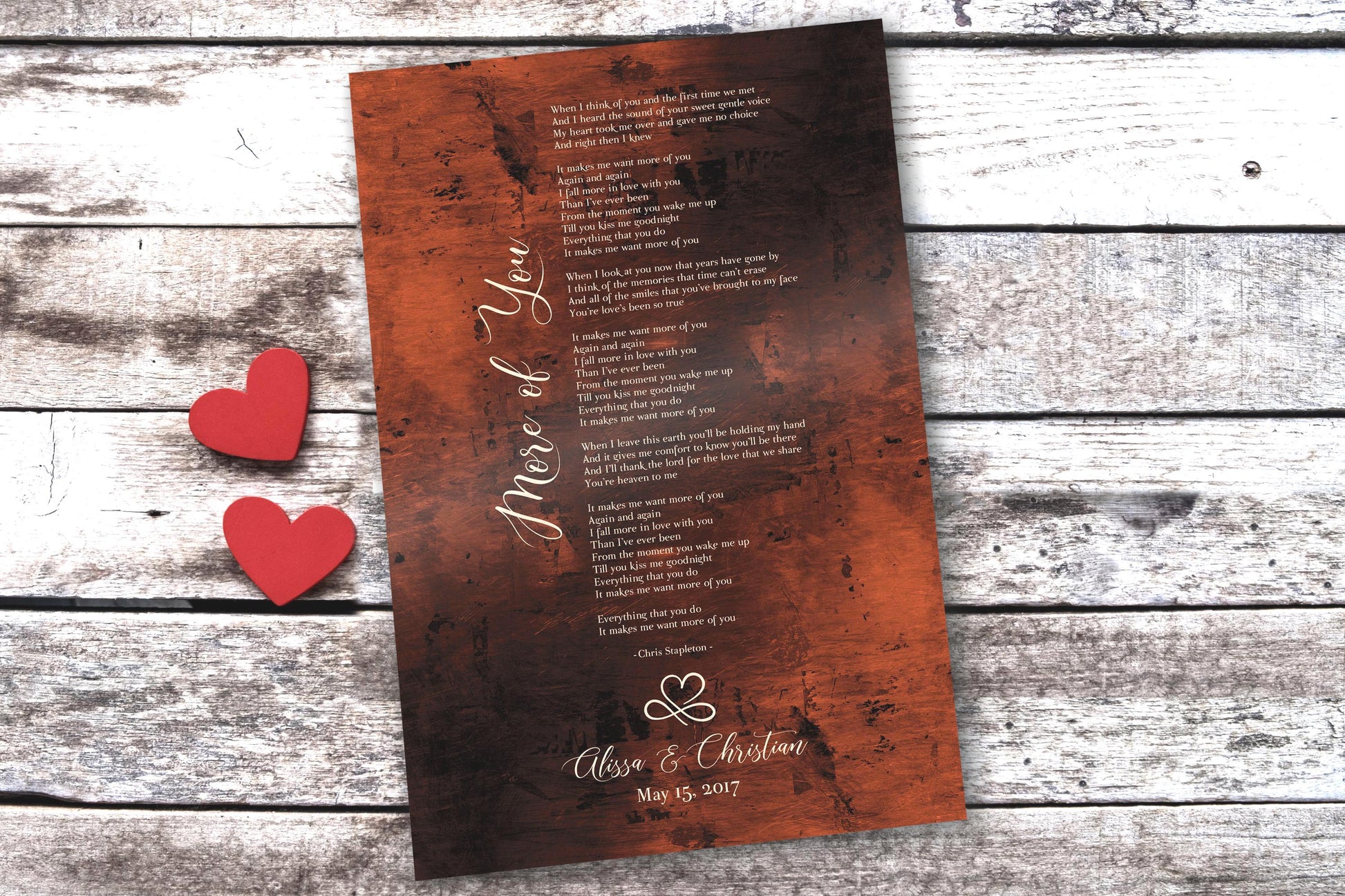 Couples song lyrics wall decor, perfect for Valentines day with it's heart motif or as a traditional bronze anniversary gift. Featured bronze song plaque has inscriptions including a couple's names and union date, as well as their first dance as husband and wife, song lyrics. This piece is created on burnished bronze metal and pairs a whimsical calligraphy with a delicate formal print-style font.

Photo courtesy of Honeycomb Proverbs