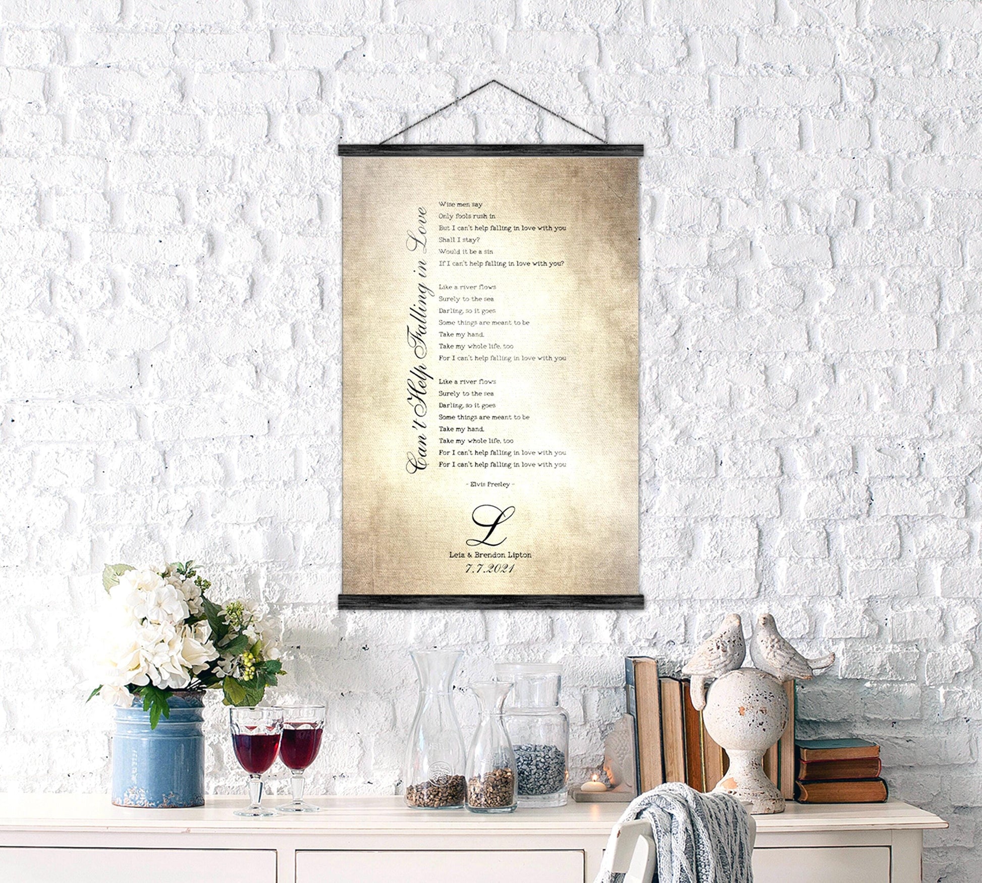 Custom song lyrics, cotton anniversary wall tapestry with monogram letter on aged cotton.