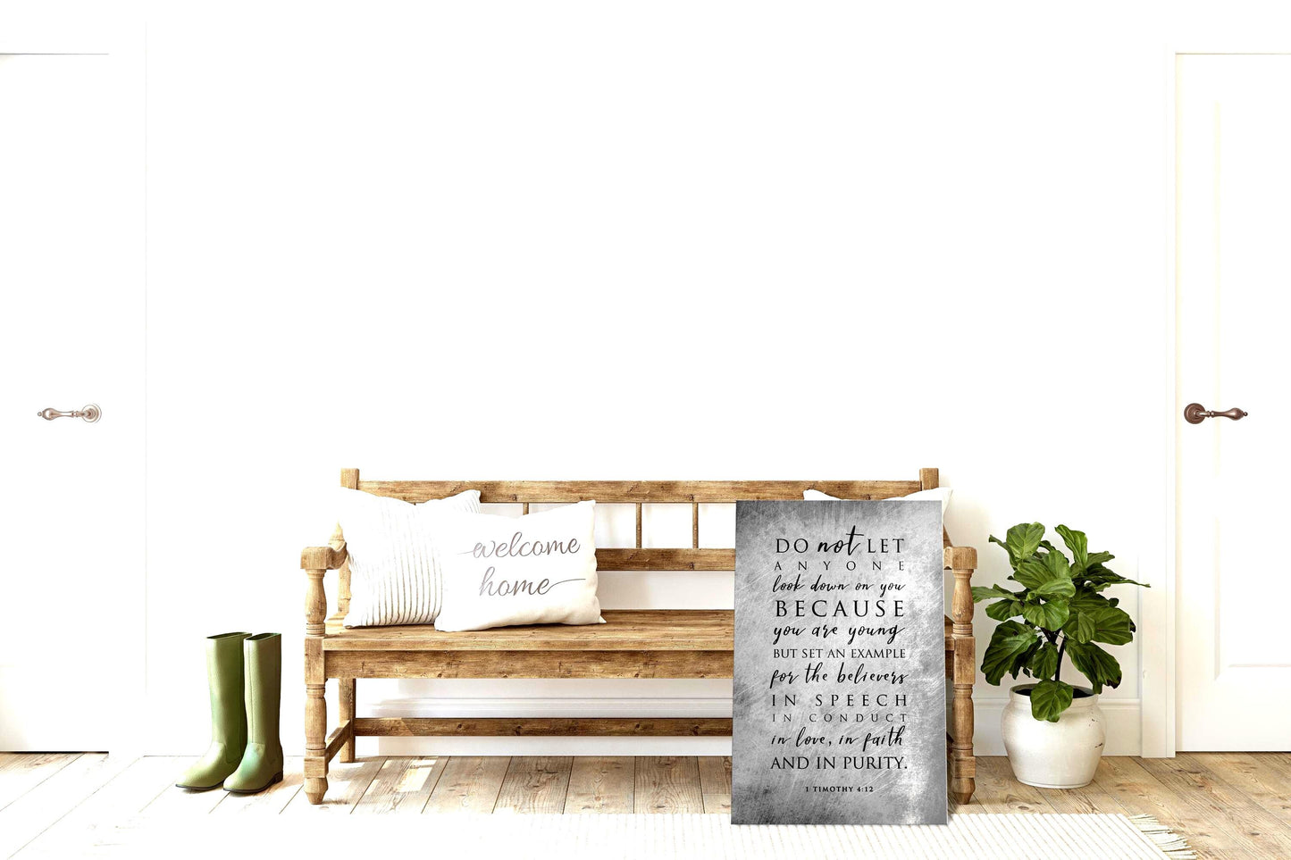 A distressed and grunge-finished Christian Metal Wall Decor features 1 Timothy 4:12, leans against a wooden bench.

Photo courtesy of Honeycomb Proverbs