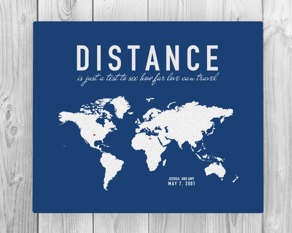 Custom Long Distance Couples Canvas: Love Letter World Map - Fine art and canvas personalized anniversary and inspirational gifts