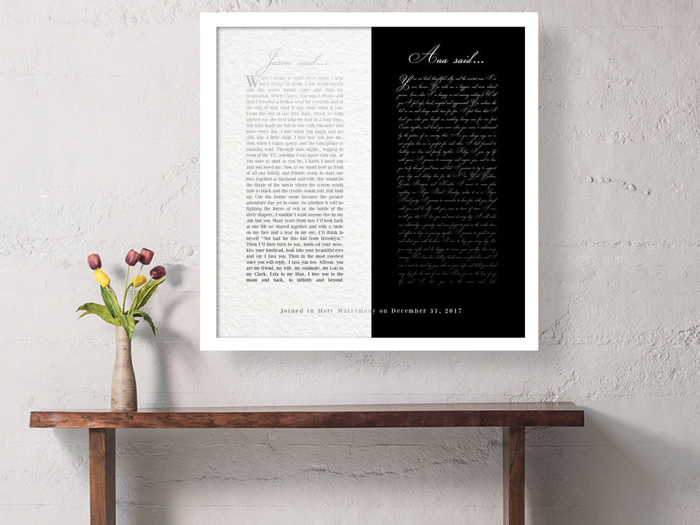 Wedding Vows on Canvas, Framed Vows, Print, Gift for him, Anniversary, Personalized, Wedding Vow art, paper, first, husband, bedroom decor