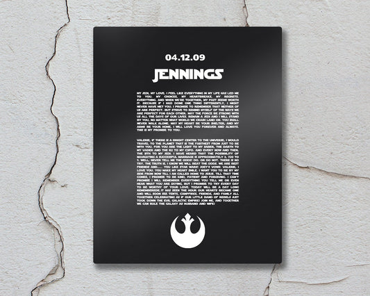 Custom Metal Print, Rebel Alliance, Gift for him, Metal Bedroom Wall Decor, Custom Metal Sign,  anniversary, Wedding Vows on Metal