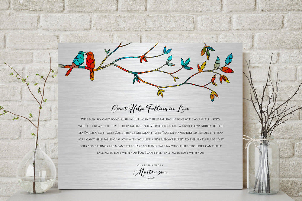 Lovebirds Wedding Song Lyric Sign on Tin