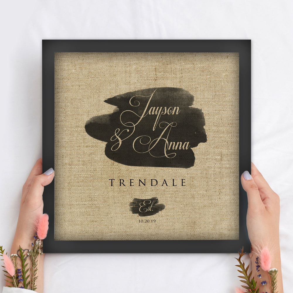 
                  
                    Personalized Framed Linen Name and Date Decor
                  
                