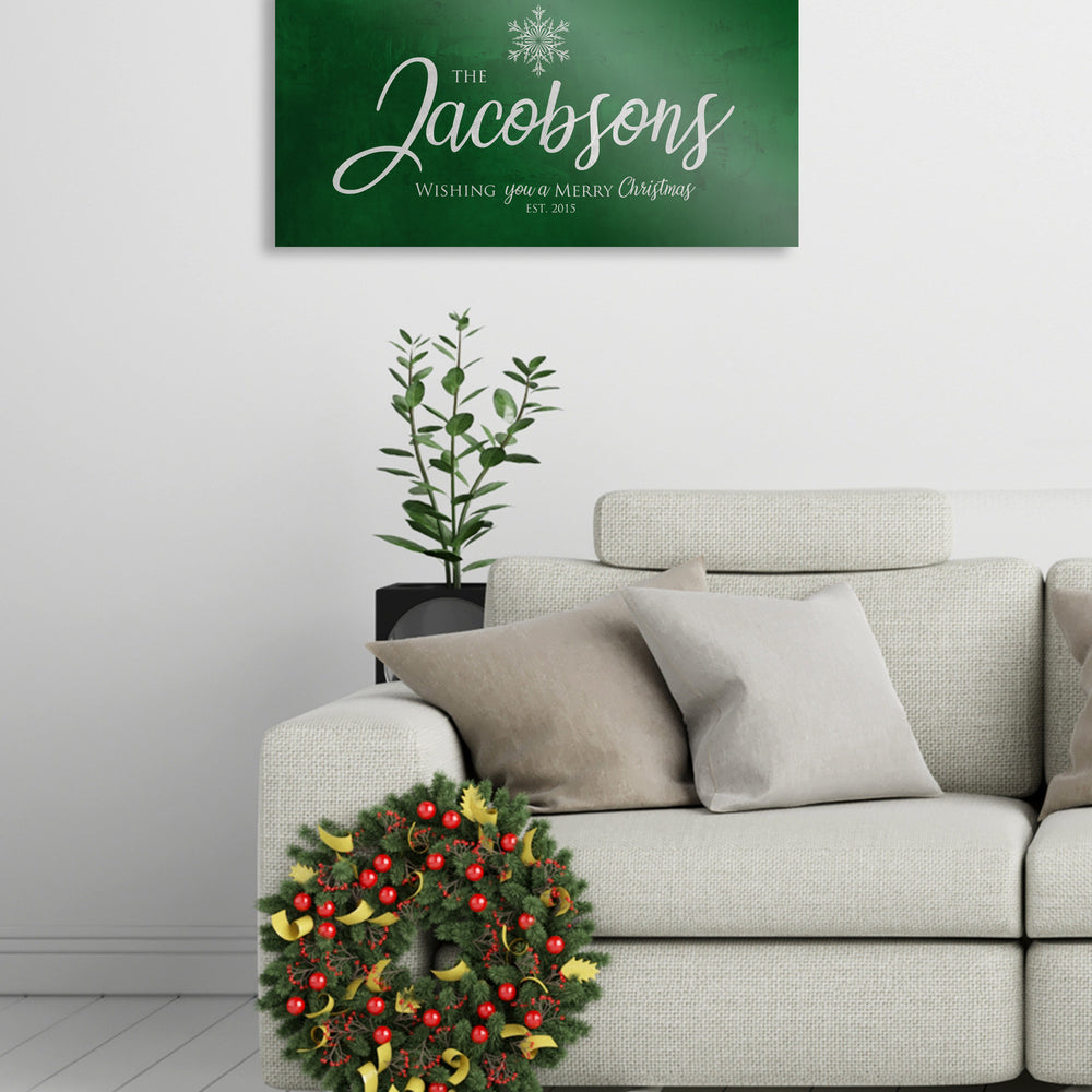 
                  
                    Merry Christmas Sign, Last Name Sign, Snowflake Sign, Green Christmas decor, Personalized Sign, Establsihed Sign, large holiday art, Rustic
                  
                