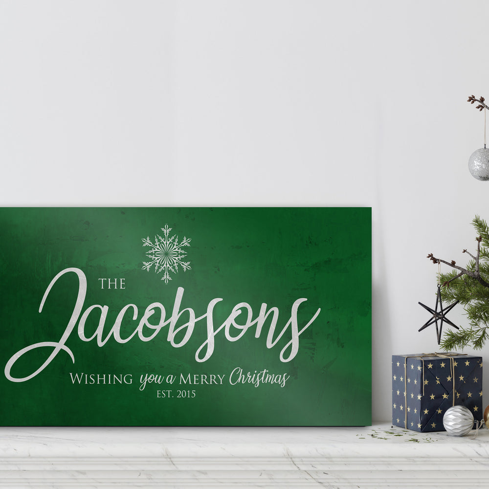 
                  
                    Merry Christmas Sign, Last Name Sign, Snowflake Sign, Green Christmas decor, Personalized Sign, Establsihed Sign, large holiday art, Rustic
                  
                