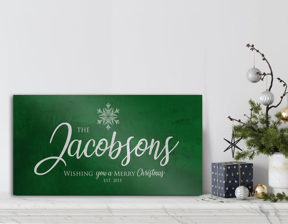 Merry Christmas Sign, Last Name Sign, Snowflake Sign, Green Christmas decor, Personalized Sign, Establsihed Sign, large holiday art, Rustic