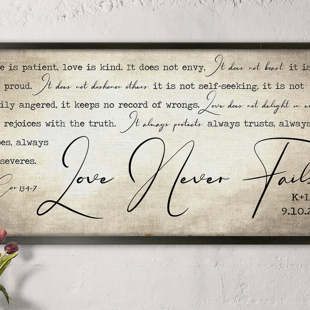 Vintage Couple's Decor, Love Never Fails Art, Personalized Gift, Present for Wife, Love is Patient, Love is Kind, 2nd Anniversary, 2 Year