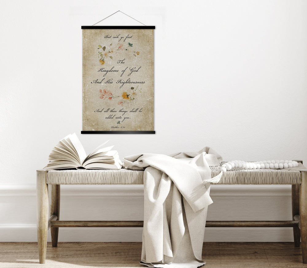 Seek Ye First Wall Decor, Scroll Tapestry, Matthew 6:33, Wall Hanging, Scripture Art, Christian Quote Sign, Christian Gift for her