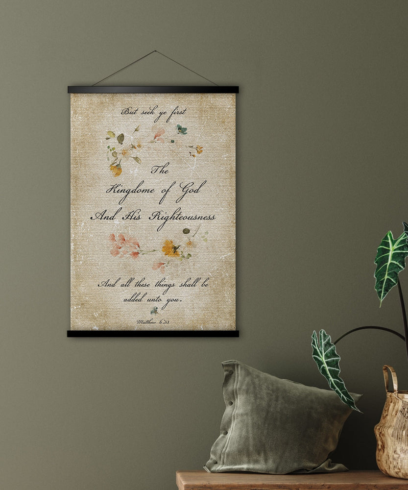 
                  
                    Seek Ye First Wall Decor, Scroll Tapestry, Matthew 6:33, Wall Hanging, Scripture Art, Christian Quote Sign, Christian Gift for her
                  
                