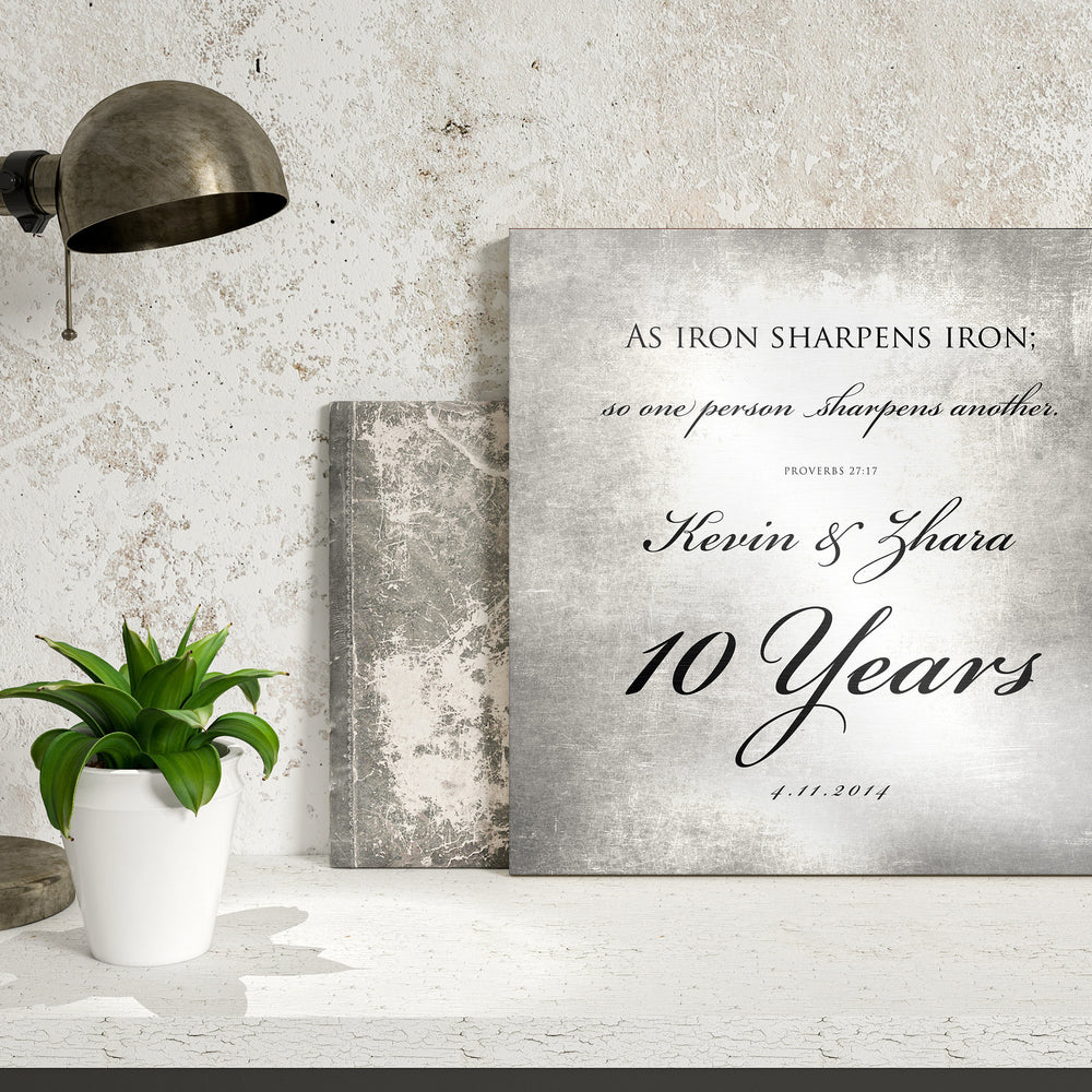 
                  
                    10 Years of Marriage plaque, Iron sharpens iron sign for couples, Tin anniversary gift for husband and wife, 10th anniversary gift for him
                  
                