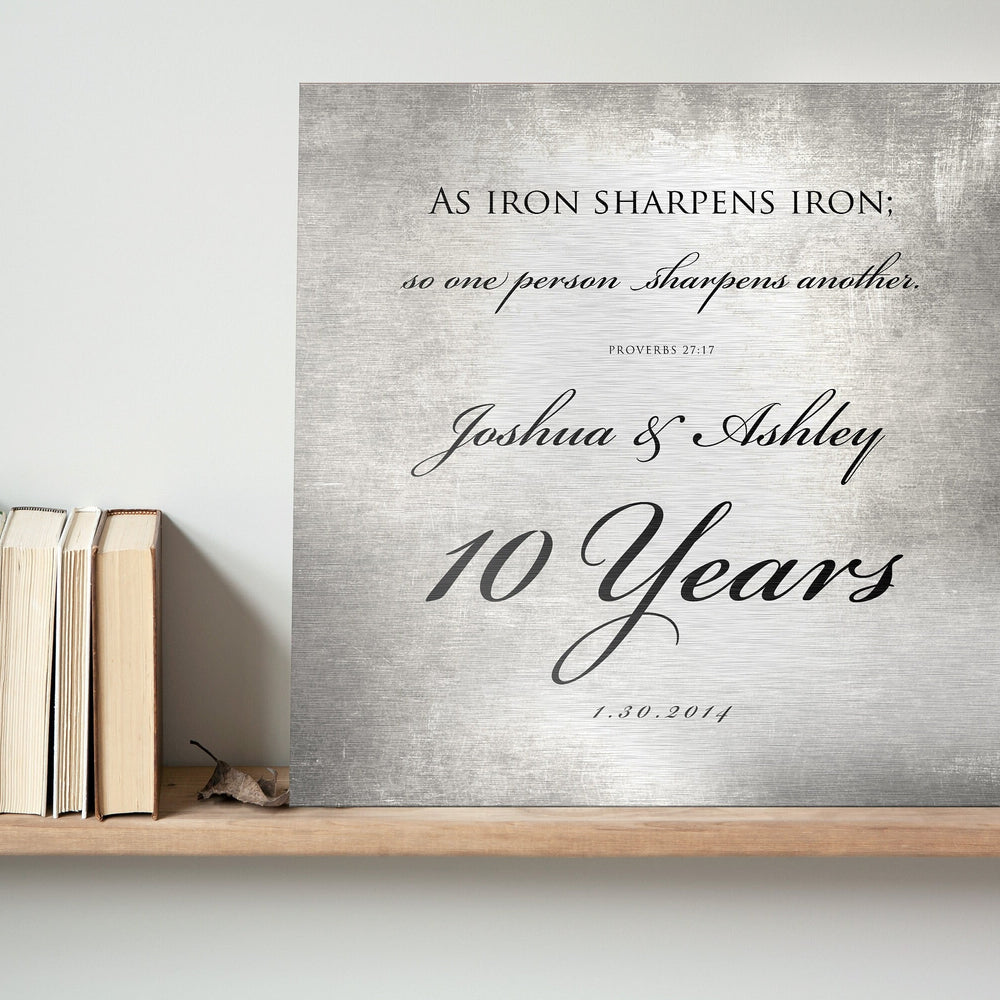 10 Years of Marriage plaque, Iron sharpens iron sign for couples, Tin anniversary gift for husband and wife, 10th anniversary gift for him