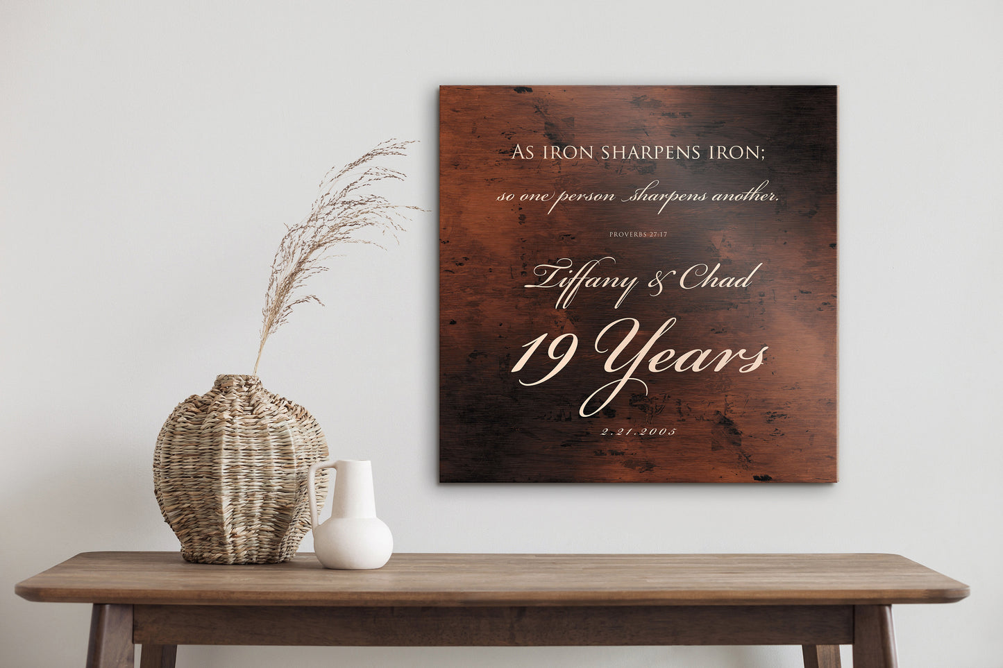 
                  
                    19th Anniversary Gift, Bronze Anniversary, Proverbs 27:17 sign, 19 year of marriage, Gift for husband, Personalize Christian Gift for couple
                  
                
