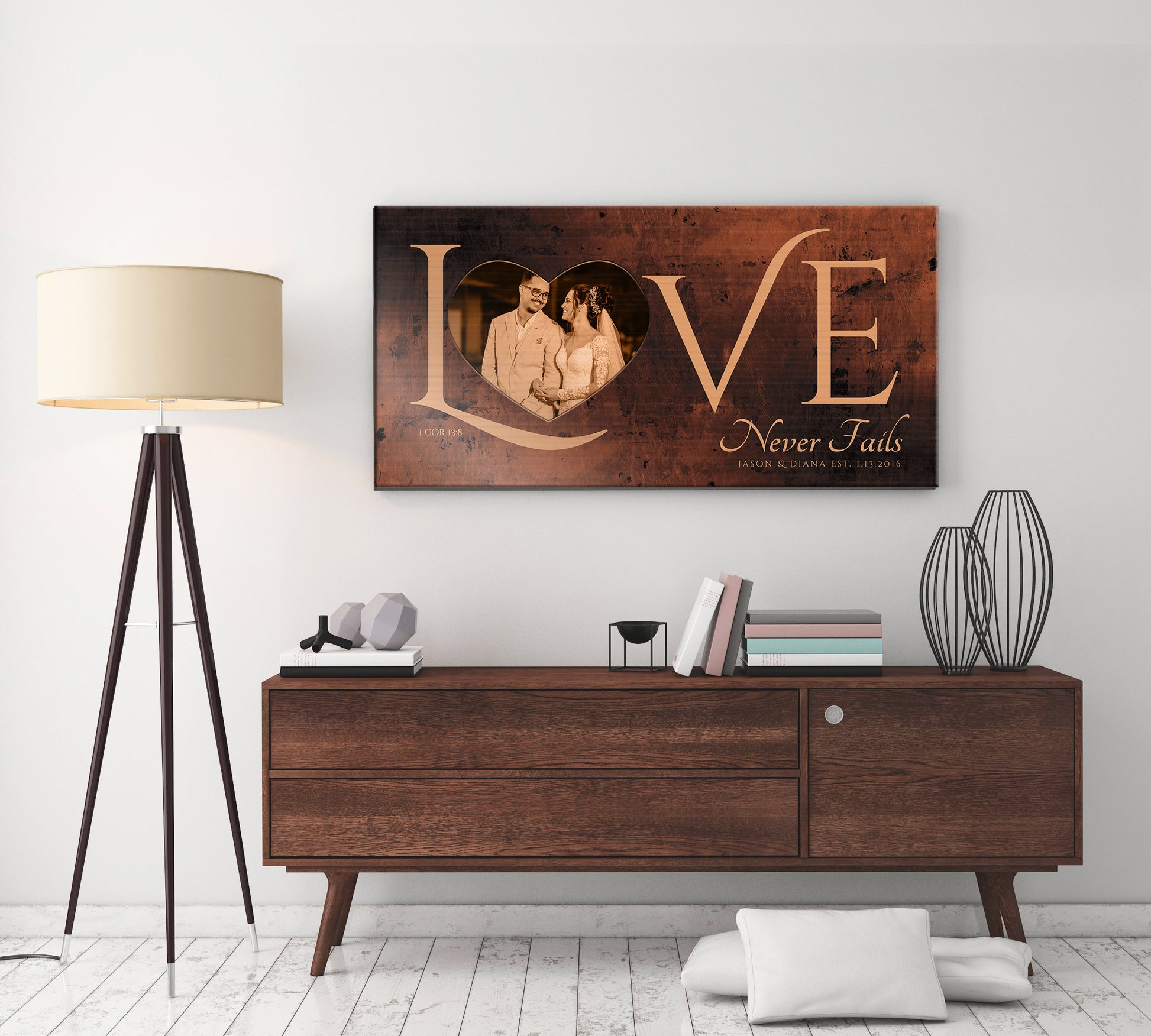 Love Never Fails, Personalized Couple's Gift, Bedroom Sign, Anniversary Gift for wife, Iron Anniversary, Gift for Wife, Bronze, Copper, Tin