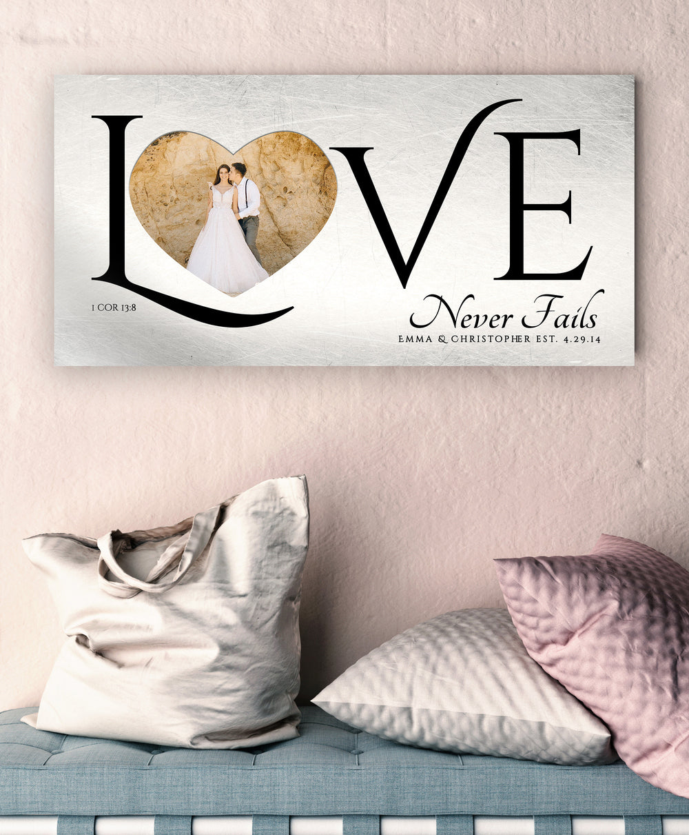 Personalized Love Decor with Photo, Love Never Fails Sign, Ten Year Anniversary Gift, Wedding Photo Gift, 8th anniversary, Sign over bed