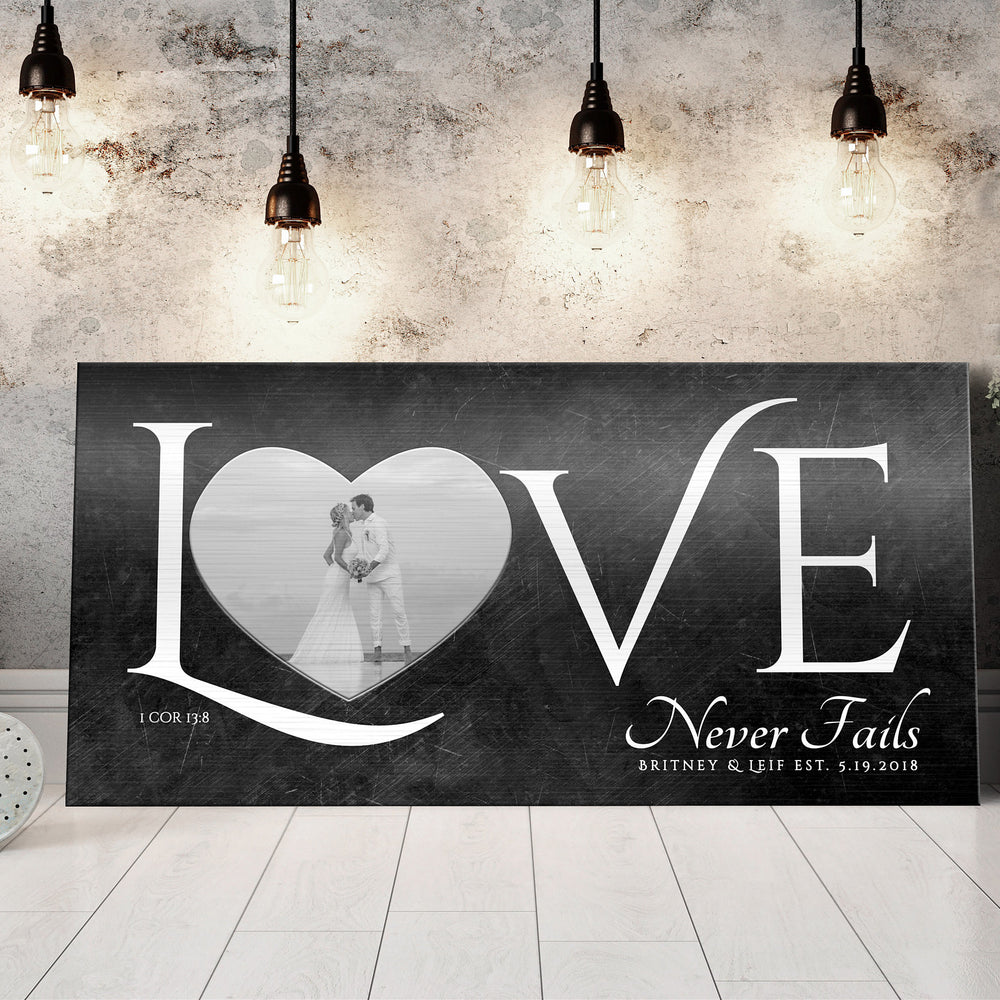 
                  
                    Love Never Fails Sign, Anniversary Gift for wife, Wedding Photo Gift, 8th anniversary, Sign with Heart, Christian couple Gift, Sign over bed
                  
                