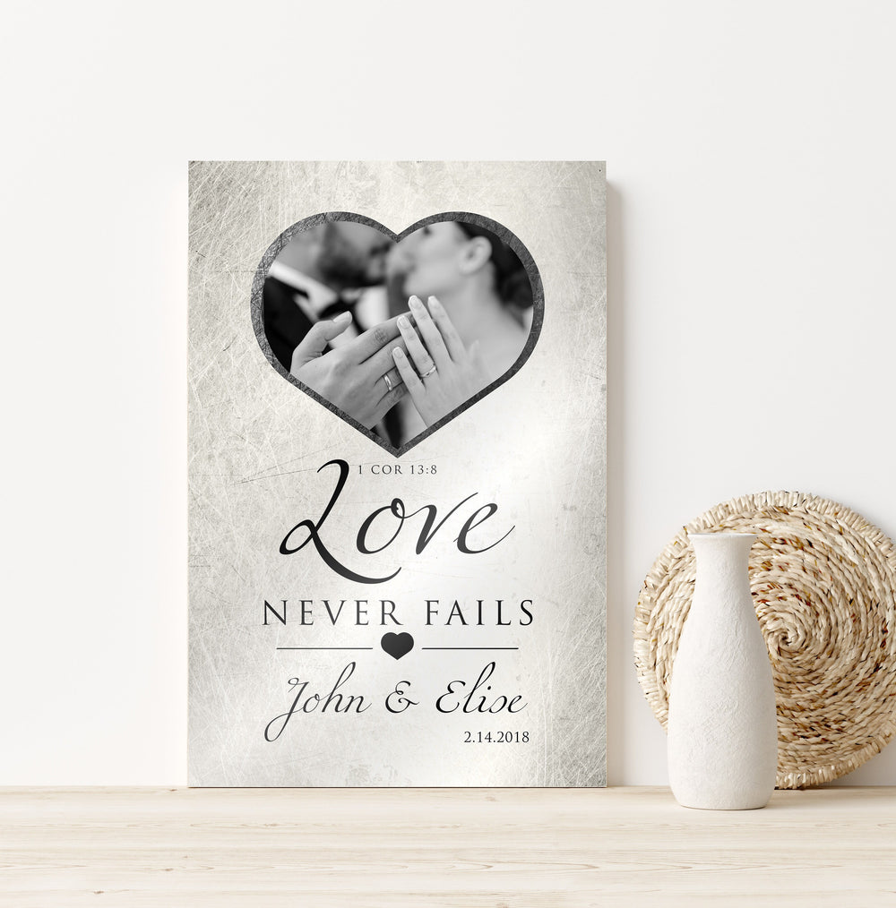 Personalized Love Never Fails Photo art, Whimsical Bedroom Decor, Christian anniversary gift, 1 Cor 13 Art, ten year anniversary, Photo Gift