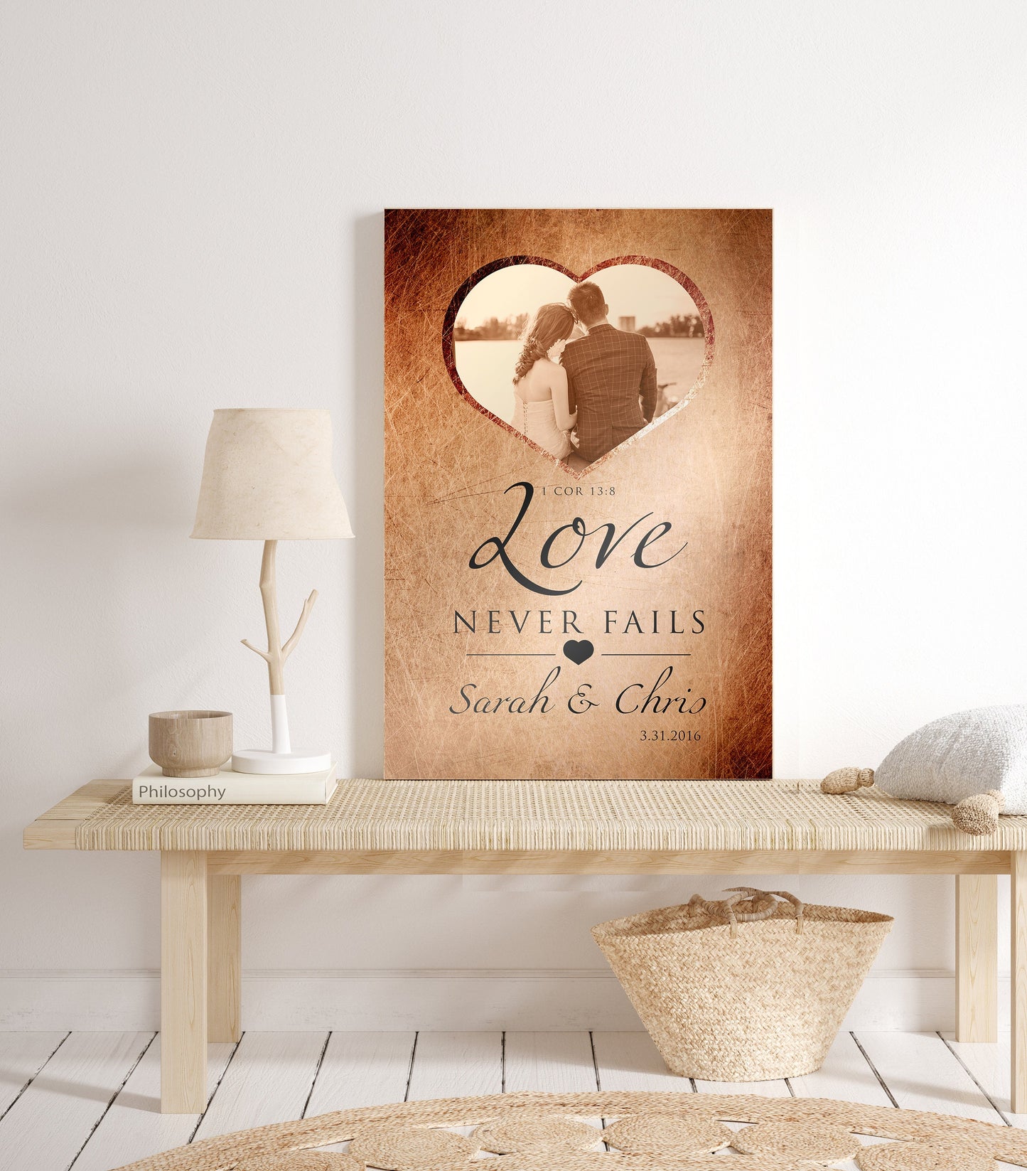 
                  
                    Love Never Fails Photo Sign, Personalized Anniversary plaque, 1 Cor 13 Art, Custom Copper Gift, Heart framed photo, Est Sign for couple
                  
                