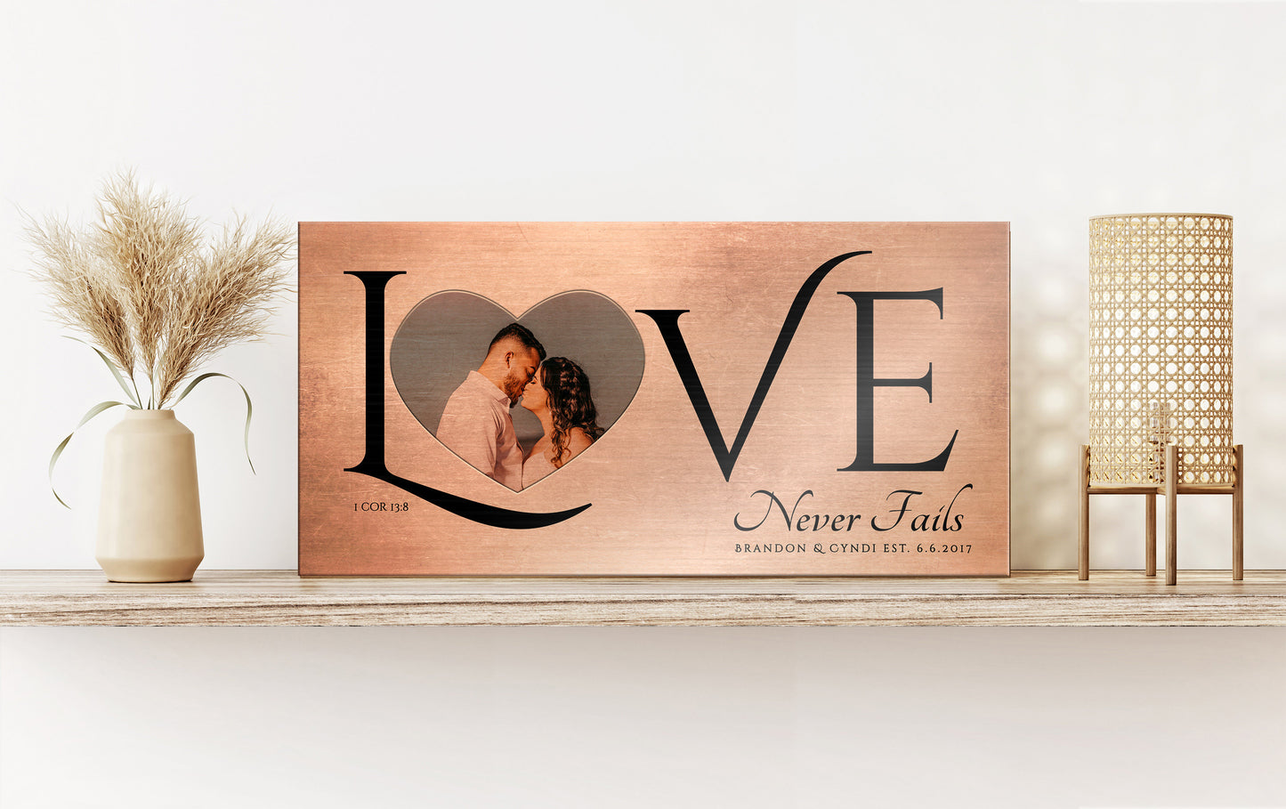 
                  
                    Personalized Love Decor with Photo, Love Never Fails Sign, Ten Year Anniversary Gift, Wedding Photo Gift, 8th anniversary, Sign over bed
                  
                