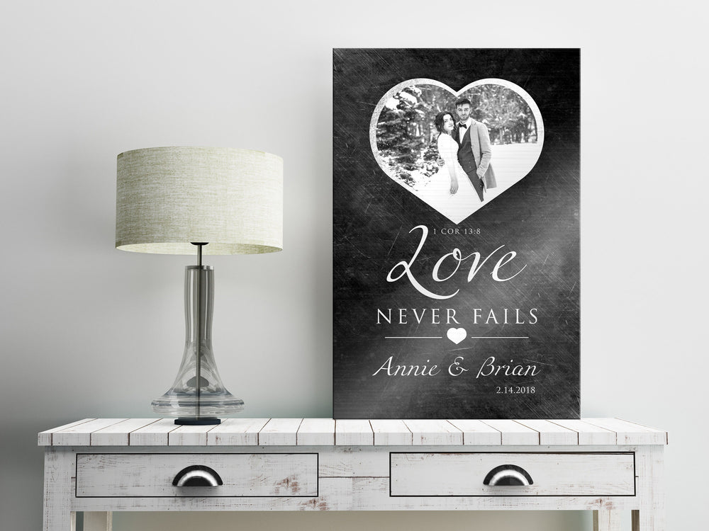 
                  
                    Personalized Love Never Fails Photo art, Whimsical Bedroom Decor, Christian anniversary gift, 1 Cor 13 Art, ten year anniversary, Photo Gift
                  
                