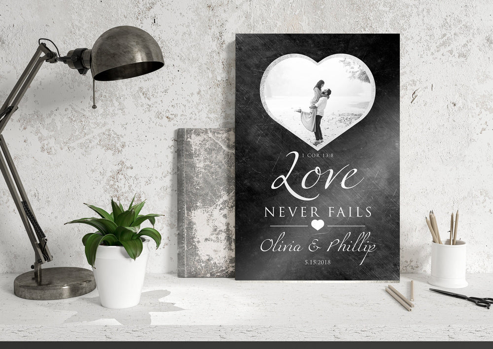 
                  
                    Personalized Love Never Fails Photo art, Whimsical Bedroom Decor, Christian anniversary gift, 1 Cor 13 Art, ten year anniversary, Photo Gift
                  
                